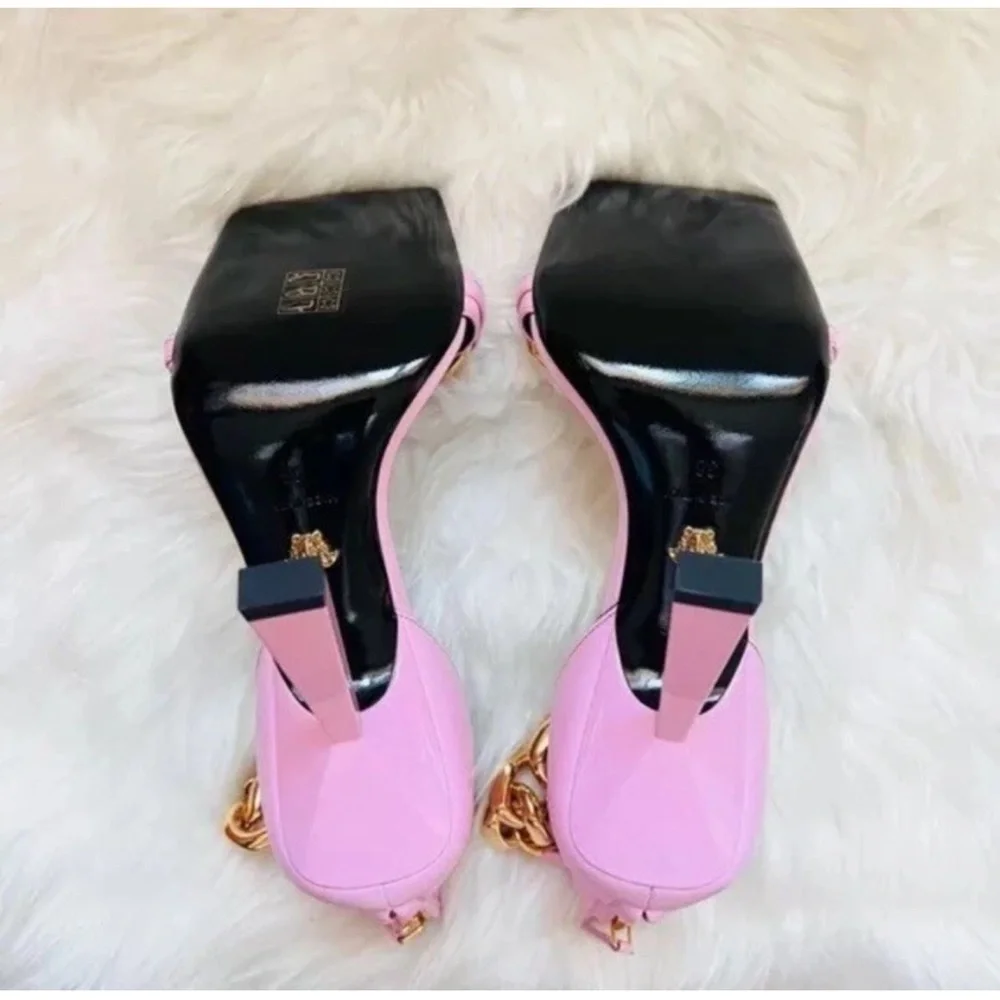 New! VERSACE Medusa Chain Square Toe Heels Pink Leather Gold Hardware Sandals - Picture 11 of 14
